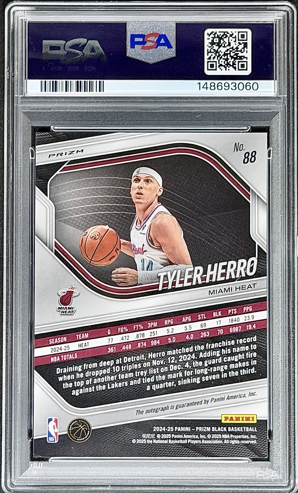 Tyler Herro PSA 10 - 2024 Prizm Black #88 AUTO SILVER PRIZM - Miami Heat view 2