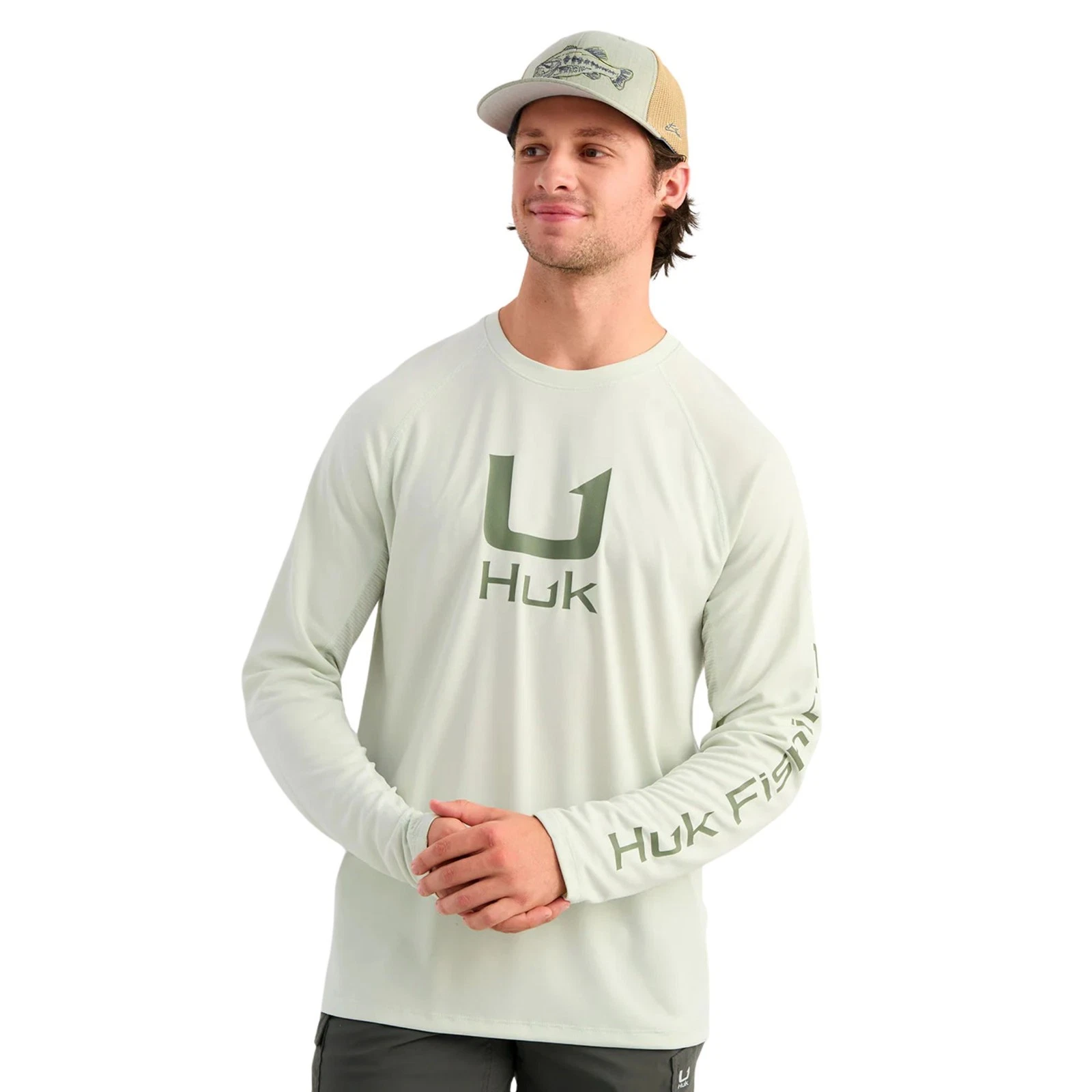 Huk Icon Long Sleeve Crew Men's Tech Shirt, Pale Algae, XX-Large