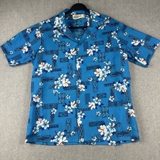 Vintage Hilo Hattie Shirt Mens L Button Up Tropical Camp Blue Hawaii Flowers USA