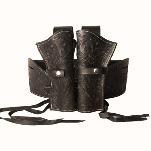 WESTERN LEATHER COWBOY TOOLED STYLE SINGLE DROP RIG GUN HOLSTER & GUN BELT - Picture 16 of 22