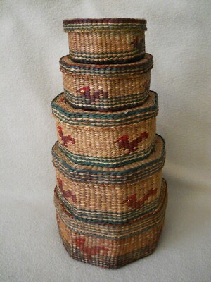 5 Vintage Boho Woven Reed Nesting Baskets / Asian / Chinese