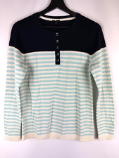 NEW 79 Talbots Women's Ivory Blue Stripe 1/4 Button Long Sleeve Sweater Medium