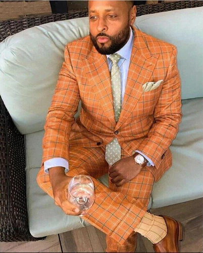 Orange Check Men Wedding Tuxedos Suits Wear Dinner Prom Party Blazer Jacket Pant - Picture 2 of 7