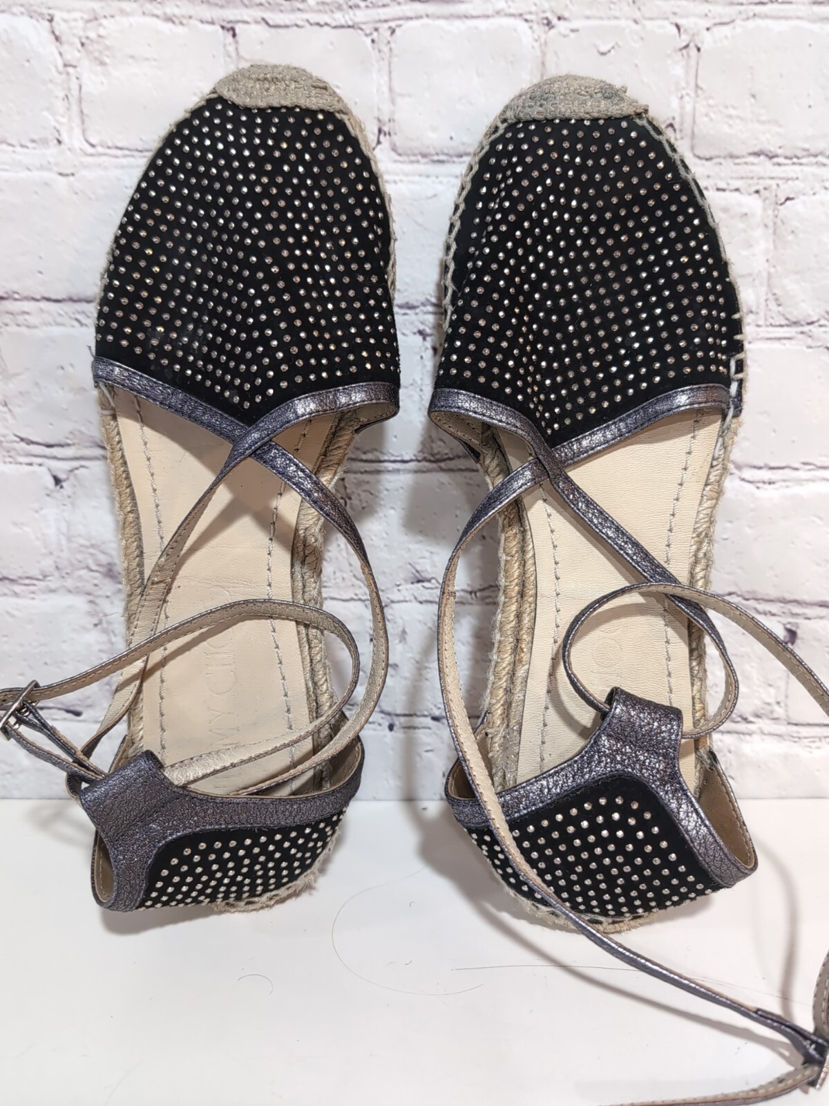 Jimmy Choo Alpargatas Donna Metálicas Tachonadas Planas Negras Gamuza Sandalias 39.5 LEER