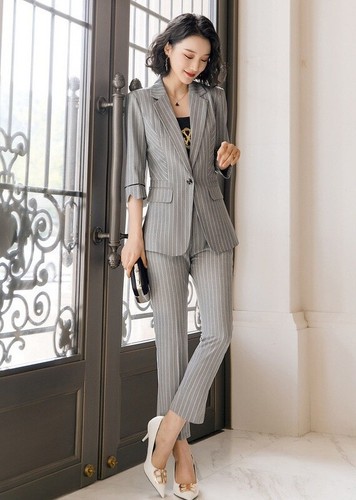 Tailleur completo grigio gessato giacca manica lunga e pantalone elegante  4886 | eBay