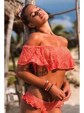 Luli Fama GUAGUANCO Rosario top M bottom L NWT coral crochet over gold