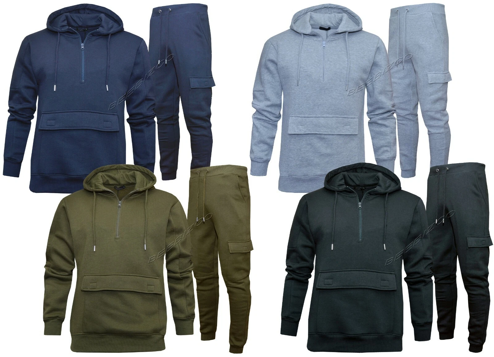 Mens Slim Fit Tracksuit Set 1/4 Quarter Zip Hoodie Tapered Cargo Joggers S - 2XL