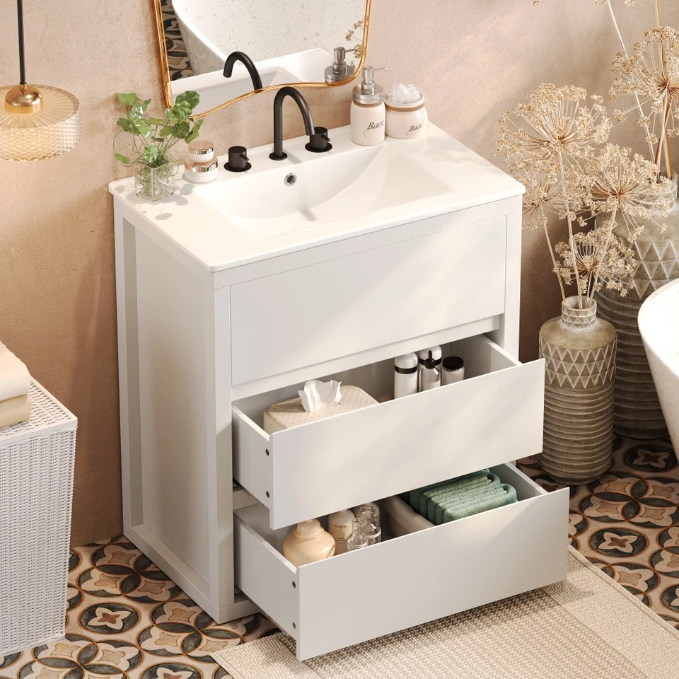 30" Bathroom Vanity with Ceramic Sink and 2 Full-Extension Drawers, Freestanding - Image 2 of 4