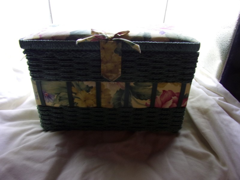 Vintage Blue Floral Wicker Sewing Basket  w/Notions -11 1/2" X 8 1/2" X 7"