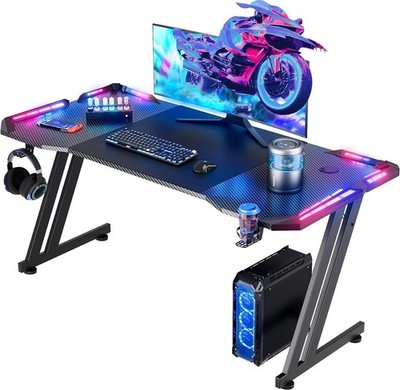 Gaming Desk with RGB LED Lights, Computer Desk with Headphone Hook & Cup Holder