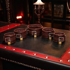 Thick Real Leather Wrist Ankle Cuffs Collar Restraint Set Brown 5 Pieces