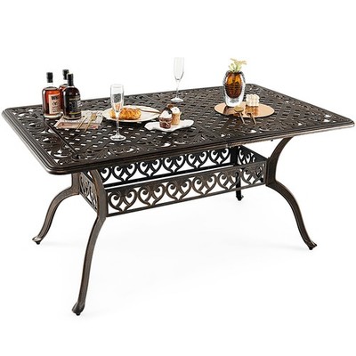 59'' Outdoor Dining Table All-Weather Cast Aluminum Umbrella Hole 6 Person Bronze