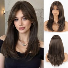 Dark Brown Wig with Curtain Bangs Medium Length Layered Hair Wig for Women He...