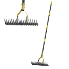 19-Tine Cold-Pressed Steel Dethatcher Rake - 72 inch Adjustable Handle, Ergon...