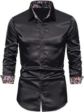 AUMELR Mens Shirts Long Sleeve Silk Satin Dress Shirts Slim Fit Black Shirt XXL