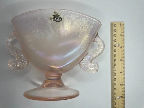 Fenton Velva Rose Pink Stretch Glass Fan Vase Double Dolphin Handles Iridescent