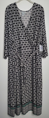 Catherines Womens Plus Midi Dress Black White Faux Wrap 4X 30/32W MSRP $80