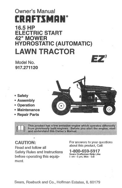 Owner's Manual Sears Craftsman HP Lawn Tractor 42” Mower