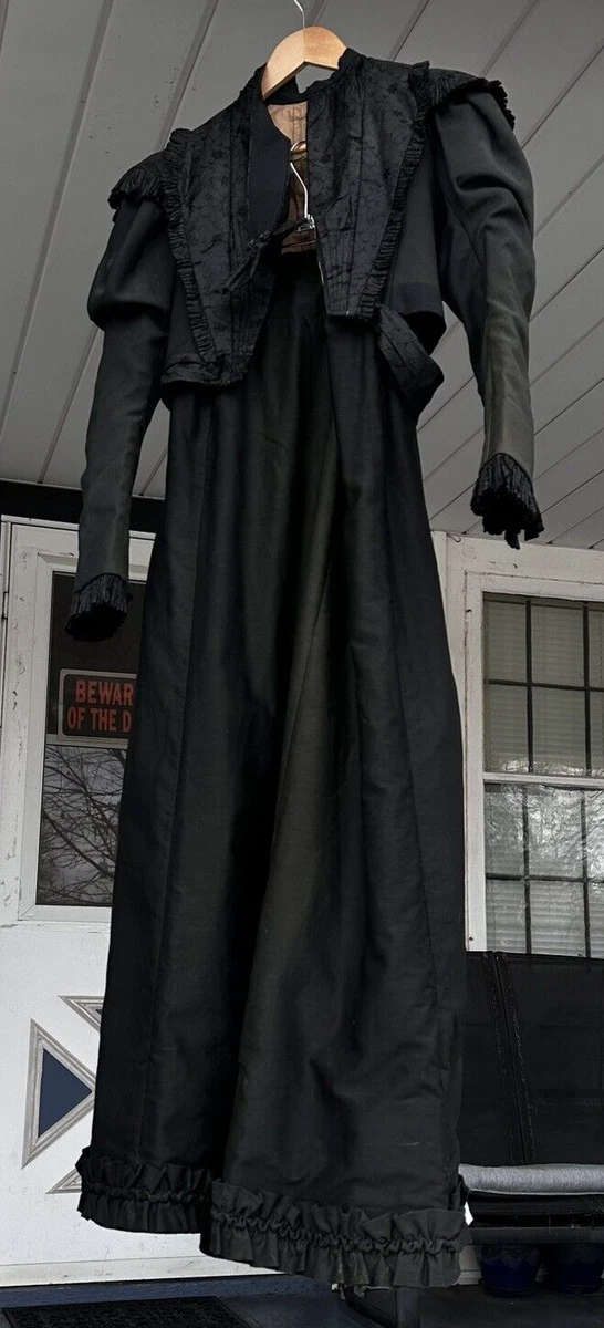 Antique Victorian Mourning Black Dress 2 Piece w Skirt Long