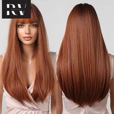 Orange Red Brown Copper Long Straight Synthetic Wig with Bangs - Heat Resistant