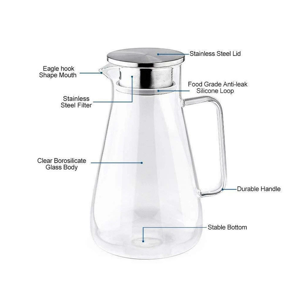 1.5L 1.8L Glaskaraffe Karaffe mit Filter Deckel Saft Wasser Krug Kanne Edelstahl - Bild 2 von 4