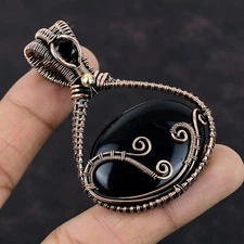 Black Onyx Wire Wrapped Pendant Handcrafted Copper Dailywear Jewelry 2.68"