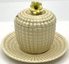 Antique Maruhon Ware Japan Porcelain Mustard Condiment Jar on Saucer Flower Lid