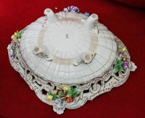 Antiq 1900 Carl Thieme Dresden Porcelain 16” Footed Center Bowl Encrusted Flower - Picture 14 of 14