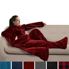 Fleece Wearable Blanket With Sleeves Foot Pocket Plush Microfiber TV Nap Gift
