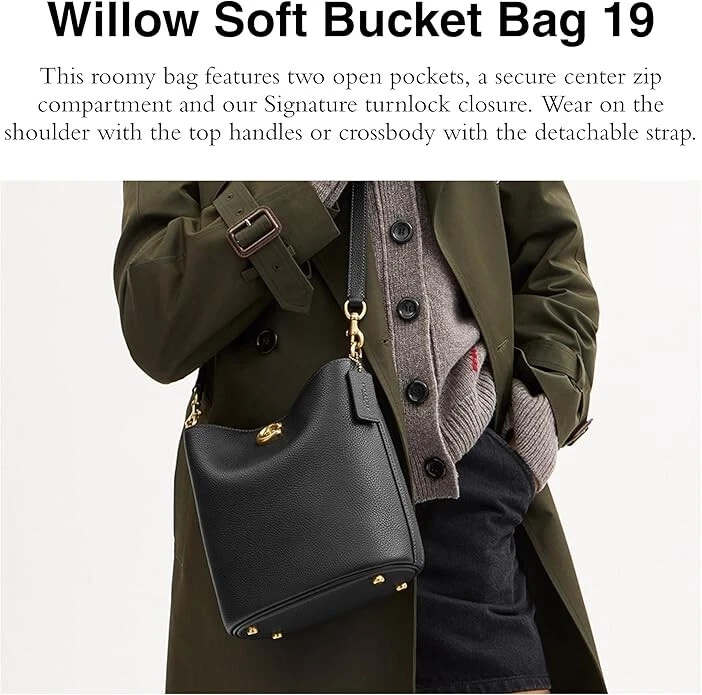 Coach CW624 Borsa a tracolla grande in pelle nera con salice e ciottoli