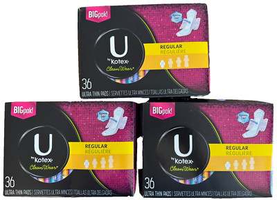 3 BOXES U KOTEX CLEANWEAR PADS WINGS REGULAR 36 COUNT EACH NEW SEALED CASE PACK