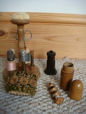 Antique Wooden Treen Sewing Stand/Cotton Holder/Pin Dispenser +3 Silver Thimbles
