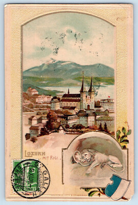 Switzerland Postcard View of Luzern with Rigi Lion Embossed 1909 Posted