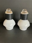 Vintage McKee Hottle Glassbake Carafe Milk Glass W Clear & Cork Lid Black Neck