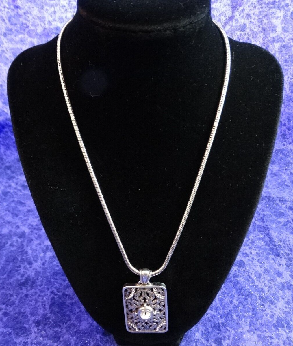 Brighton Silver Tone Deco Lace Crystal Rectangle Pendant 15
