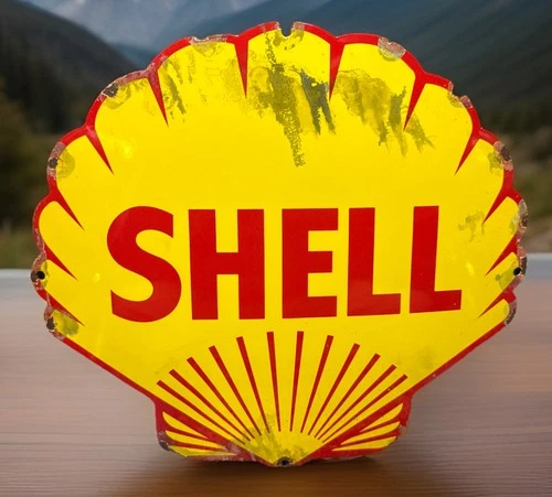 Vintage 13” X 13 3/4” SHELL Clam Die Cut Porcelain Metal Oil Gas Pump Plate Sign