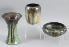 3 Antique Arts & Crafts Signed FULPER Art Pottery Cat Eye Drip Glaze Bowl+Vases