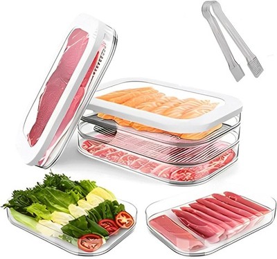 3-Layer Deli Meat Container for Frid with Tong, Staable Lunch Meat