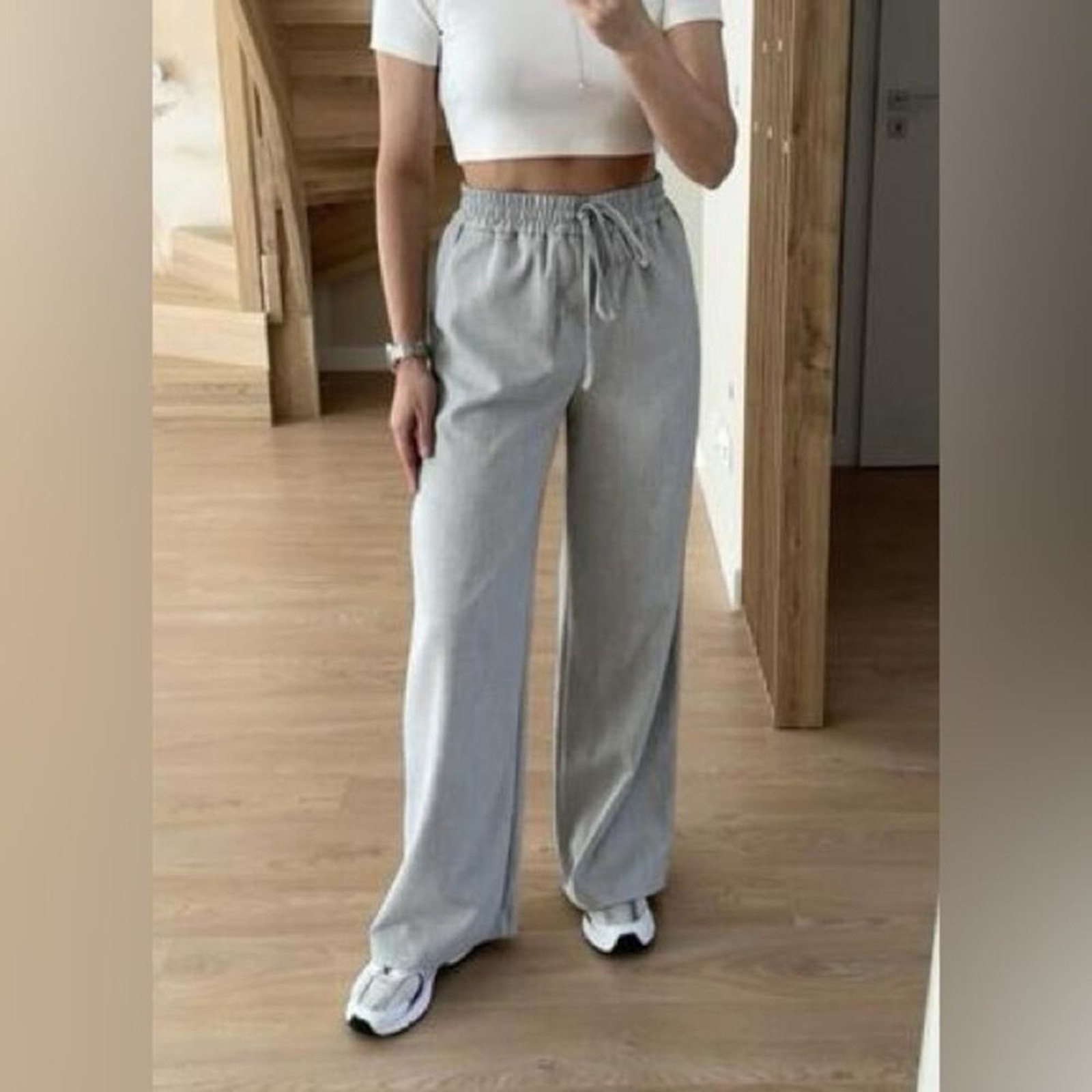 Zara Light Grey Wide Leg Trousers with Elastic Waist, Size L image 9