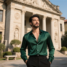 NEW Satin Silk Long Sleeve Shirt Casual Shirts Wedding Party Disco Club for Men