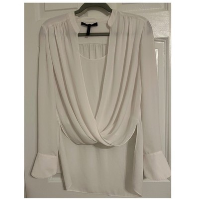 BCBGMAXAZRIA White Draped Crossover V-Neck Blouse Long Sleeve Size S