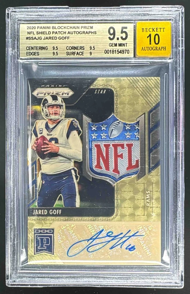 Parche protector de vinilo dorado Jared Goff 2020 Panini Blockchain automático 1/1 BGS 9,5/10