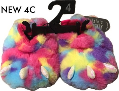 Baby Girls Slippers RAINBOW DRAGON MONSTER FEET / CLAWS Faux Fur Toddler SIZE 4C