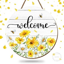 Spring Summer Flower Welcome Door Sign Yellow White Daisy Wooden Hanging Sign