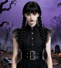Wednesday Addams Wig Long Black Braids with Bangs, Costume Cosplay Hair