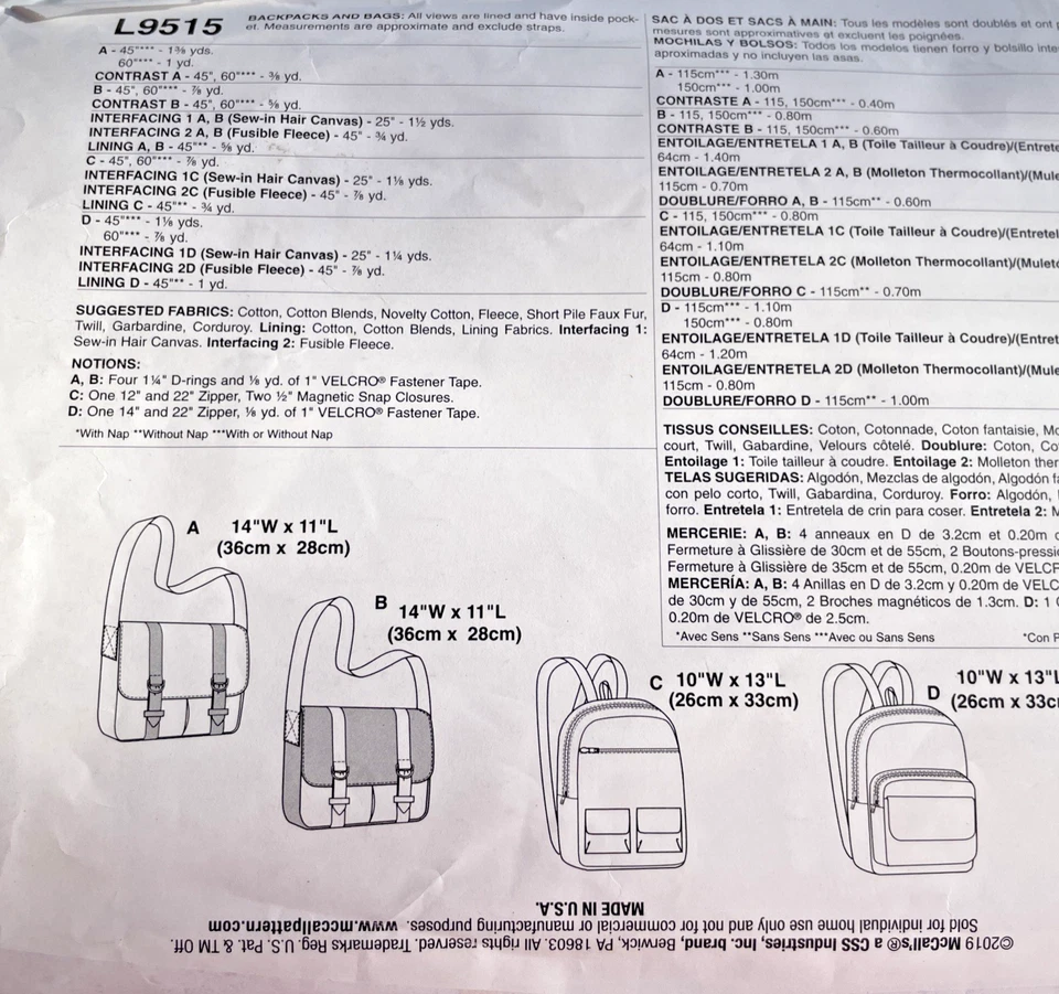 Sewing Pattern #L9515 Backpack and Bags Four Designs or Sizes - Image 3 of 4