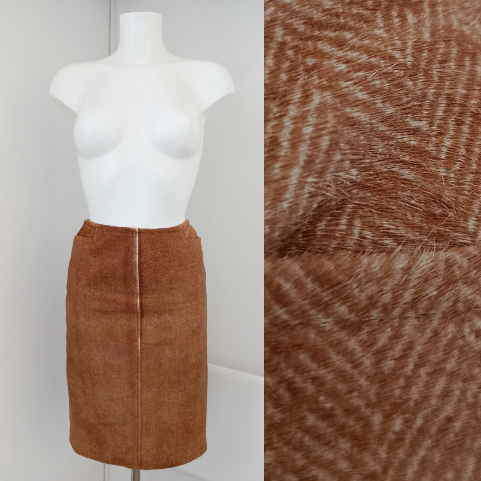 RALPH LAUREN COLLECTION 90s Herringbone Ponyhair Leather Skirt Made in Usa Beige