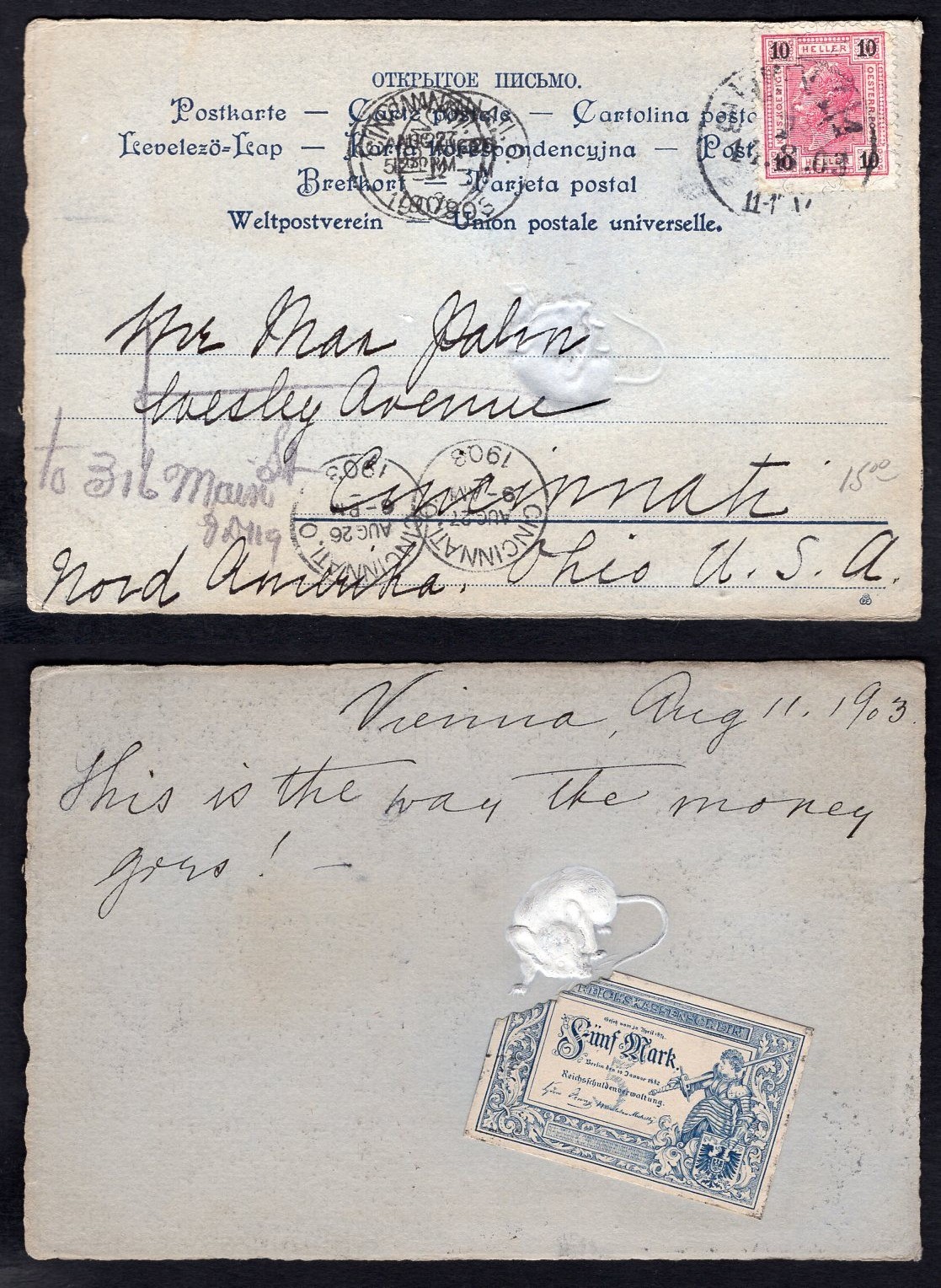 AUSTRIA 1903 Postcard to USA. Embossed Mouse Chewing on Money. Humor
