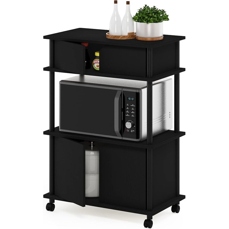 Wood Microwave Cart Coffee Bar Storage Rolling Kitchen Organizer W/ Cabinets New