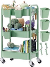 3 Tier Rolling Storage Cart Metal Utility Organizer with Wheels Green